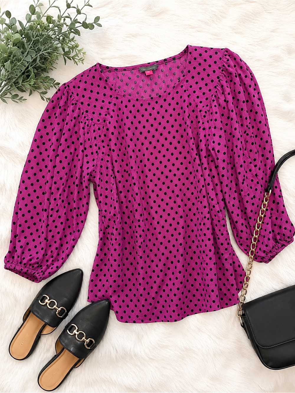 🖤💜Vince Camuto Purple &  Black Polka Dot Textured Blouse Size M Puff Sleeve Top